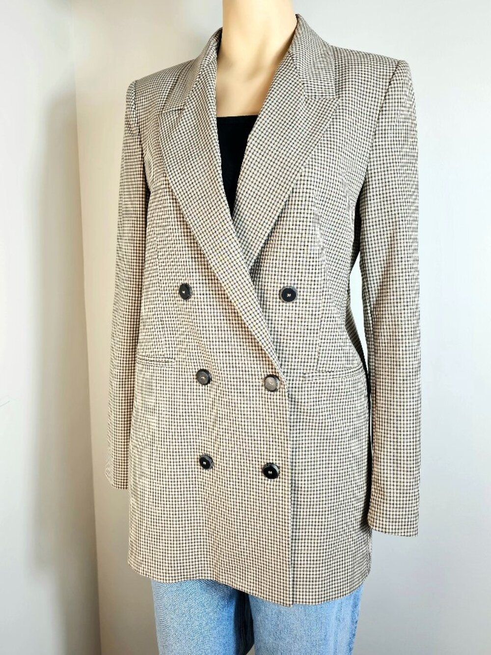 MNG Suit Neutral Plaid Double Breasted Blazer Size M NWT